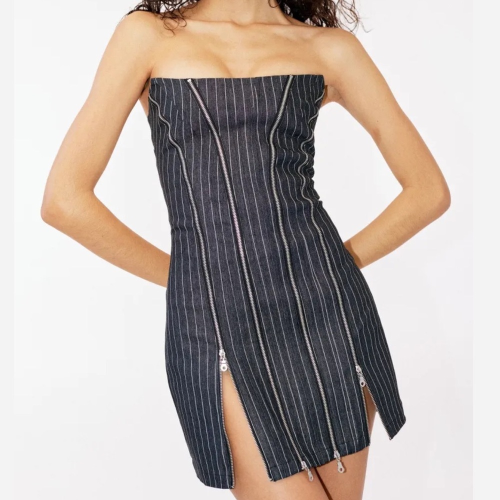 With Jean Strapless Denim Zip Dress